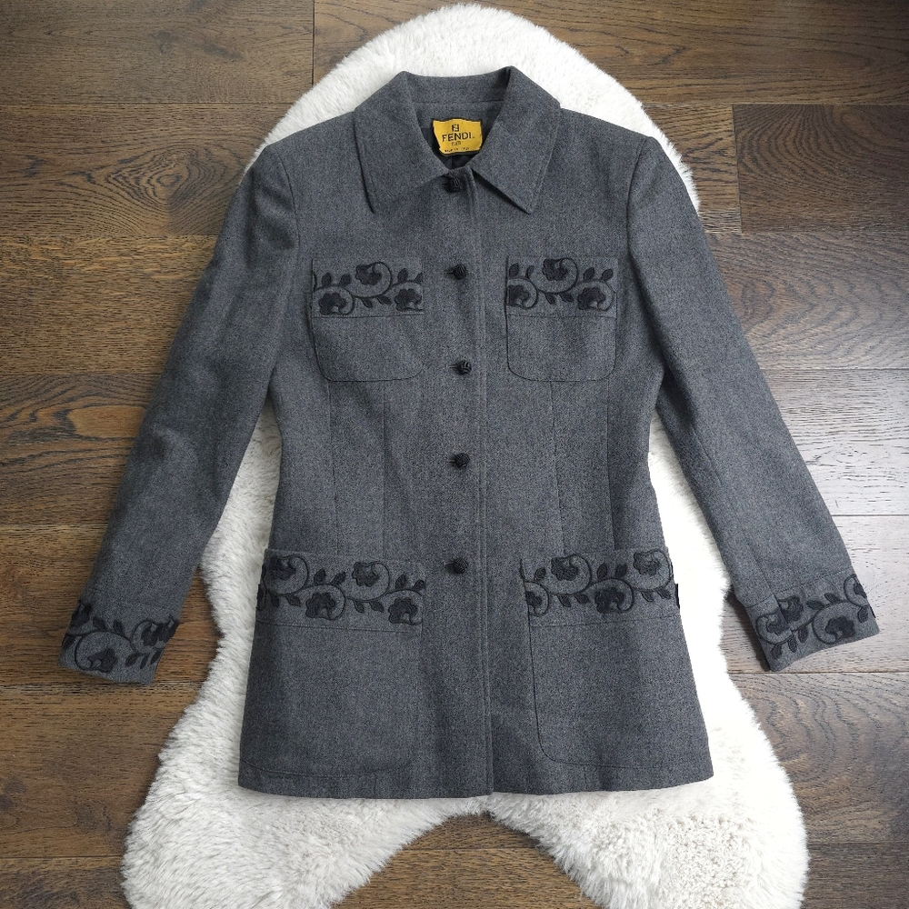 Vintage Fendi Charcoal Long Line Floral Embroidery Wool Blazer Jacket